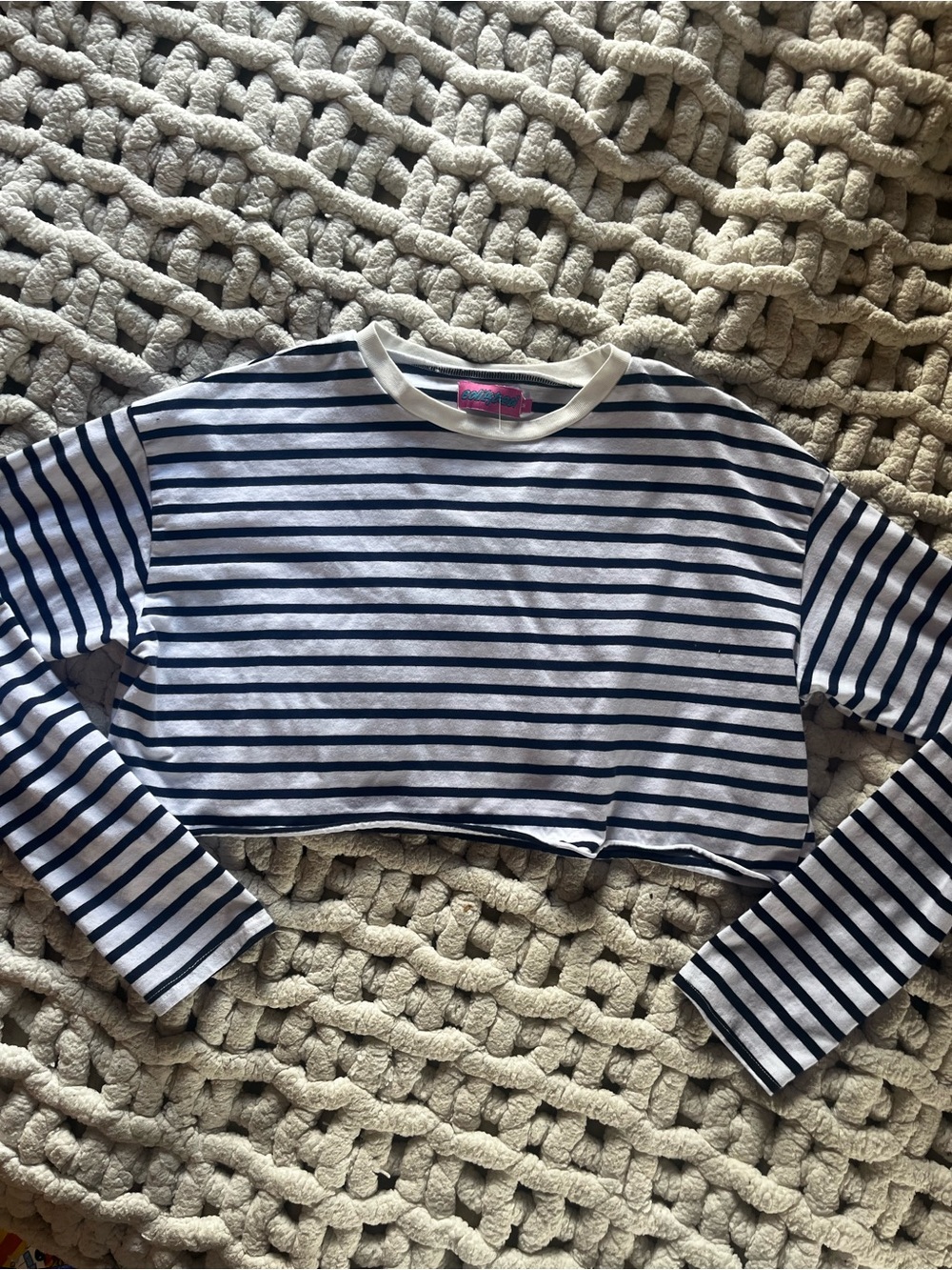 Edikted Navy & White Striped Cropped Long Sleeve Tee